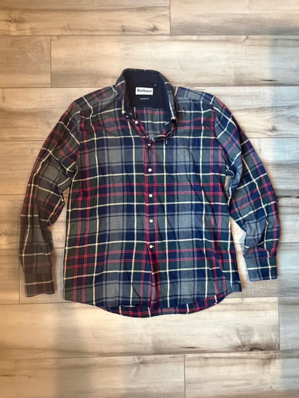 Barbour Men’s Navy, Green & Red Plaid Button-Down Shirt, 100% Cotton